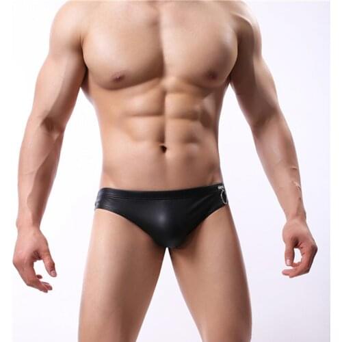 Sexy Underwear Men Leather Like Briefs Mental Ring Sexy Gay Underwear Soft Underpants Shorts Male Panties Ropa Interior Hombre