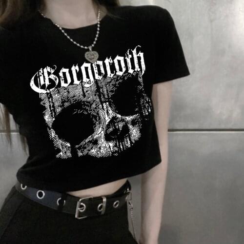 Harajuku Vintage Short Sleeve T-shirt 90s Gothic Print Pattern Crop Top Skeleton Skull Punk Streetwear Aesthetic Female Mujer