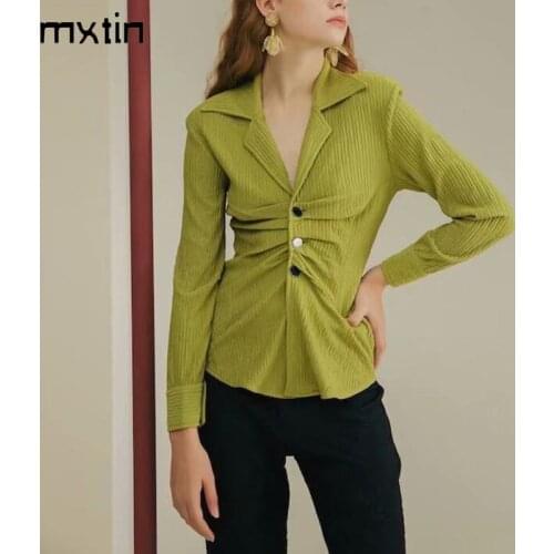 2021 Women Spring Fashion Green Pleated Blouses Vintage Autumn lapel collar Long Sleeve Female Shirts Blusas Chic Tops