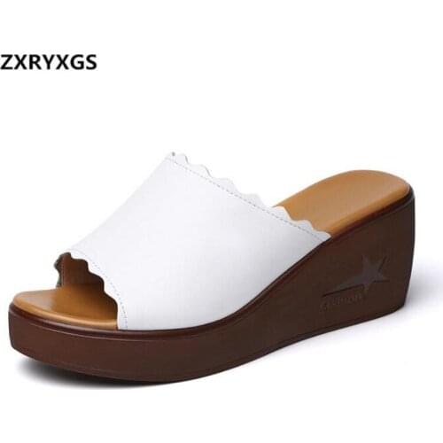2019 New Fashion Women Summer Sandals Thick Bottom Wedges High Heeled Sandals Women Slippers Cow Leather Shoes Shoes Size 33-43