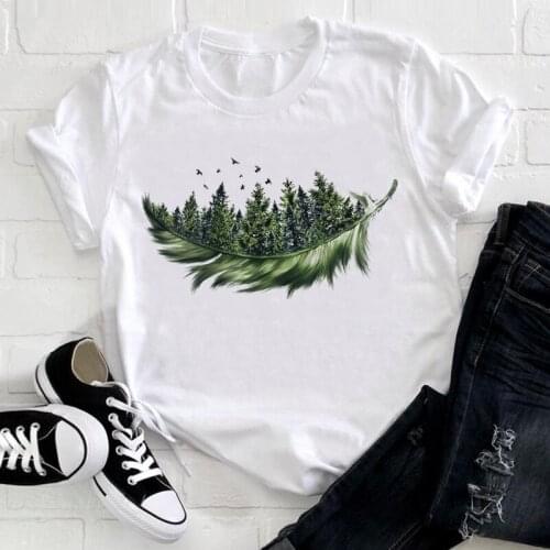 Summer T-shirts Women Feather Bird Short Sleeve Printing Spring Fashion Print Tshirt Female Tee Top Ladies Graphic T Shirt 2021