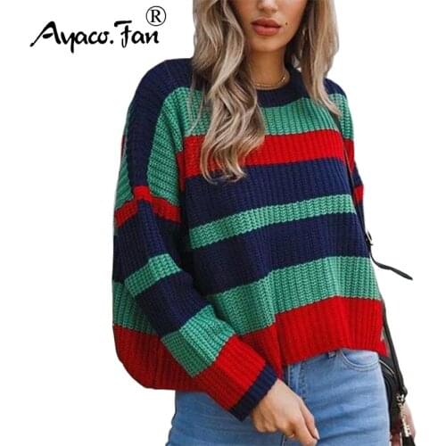 Plus Size Preppy Chic Striped Loose Sweaters for Women Girls Students 2019 Autumn Winter New O-Neck Patchwork Pullovers Sweater
