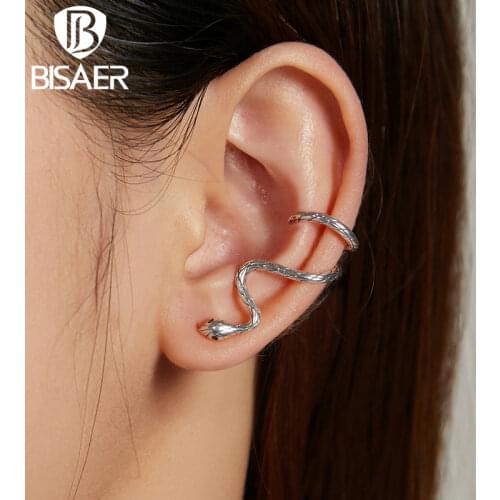 BISAER 925 Sterling Silver 1 PCS Zircon Snake Stud Earrings For Women Girl Fashion Earrings Statement Jewelry Brincos EFE510