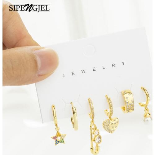 SIPENGJEL Geometric Pearl Round Small Hoop Earrings Sets Cute Star Heart Circle Pendant Earrings For Women Party Jewelry 2021