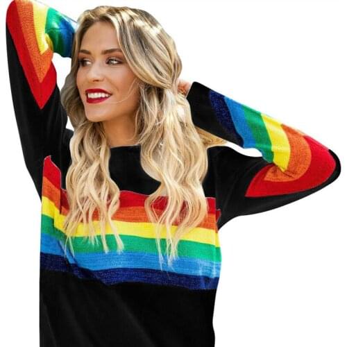 Rainbow striped print women tops o neck long sleeve fall winter sexy shirt female clothes tee LZC2927