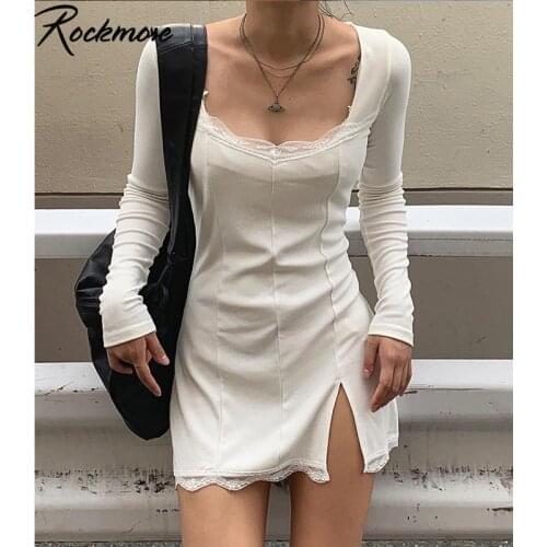 Rockmore Split Lace Sexy Mini Dress Women Transparent Long Sleeve Bodycon Square Collar Above Knee Dresses Party Dress Vedtidos