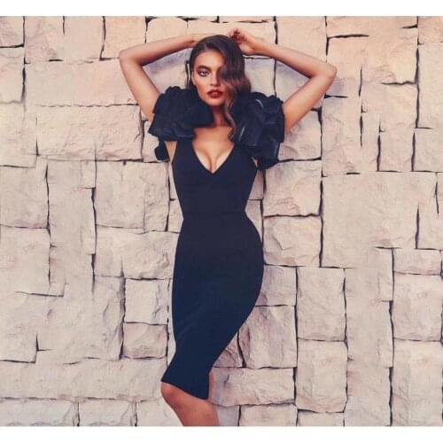 New Arrival Spring Fashion High Quality Black Short Sleeves Rayon Bandage Midi Dress