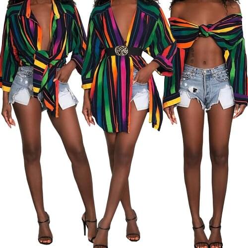 KALENMOS Blouse Shirt Dress Women Rainbow Stripes Print Side Split Long Sleeve Vintage Dresses New 2020 Autumn Mejur Vestidos
