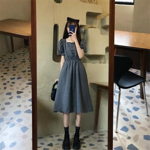 Summer Vintage Korean Sweet Women Midi Dress Square Collar with Buttons Plaid Dress Short Sleeve Cute Kawaii Feminine Dress Y272