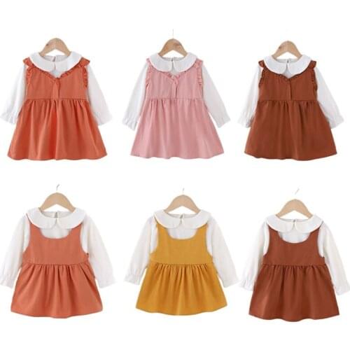 2021 Girls Dresses 2pcs Long Sleeved Tops+ Dress Baby Toddlers Doll Collar Dress Spring Autumn Children Kids Casual Bow Clothes