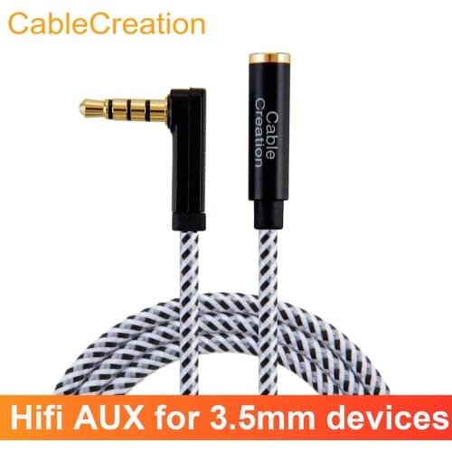 Aux Cable, CableCreation 3.5mm TRRS Extension Stereo Audio Cable, 90 Degree Right Angle 4-Conductor, Black & White