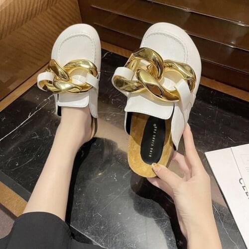 Summer Retro Semi-drag Loafers Chain Woman Womens Round Head Low-heeled Gold Chain Closed Toe Casual Large Gold Chain Baotou
