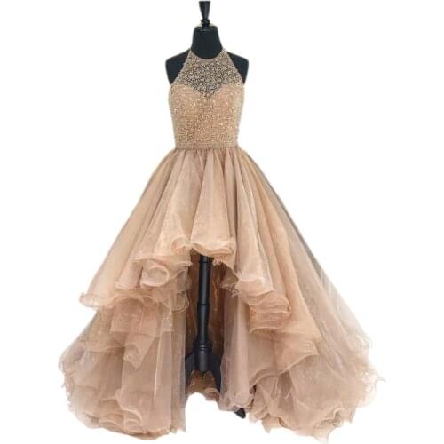Glitter Champagne Red High Low Prom Homecoming Dresses Halter Backless Organza Beading Sequin Ruched Short Front Long Back