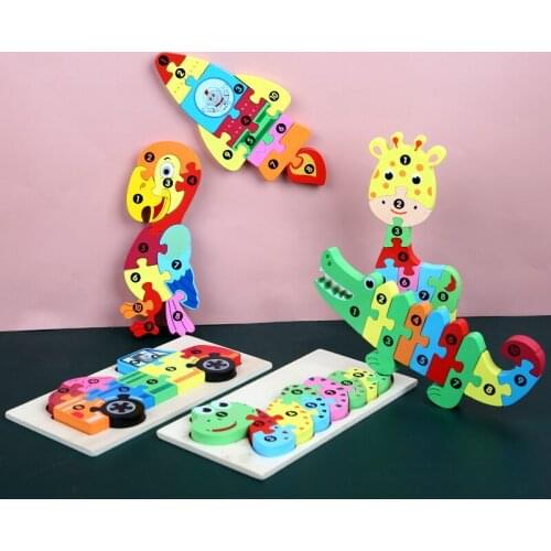 Big Wooden Toys Funny Puzzls Colorful Cartoon Animal Digital Jigsaw Puzzles Children Early Educational Learning Toys for Kids
