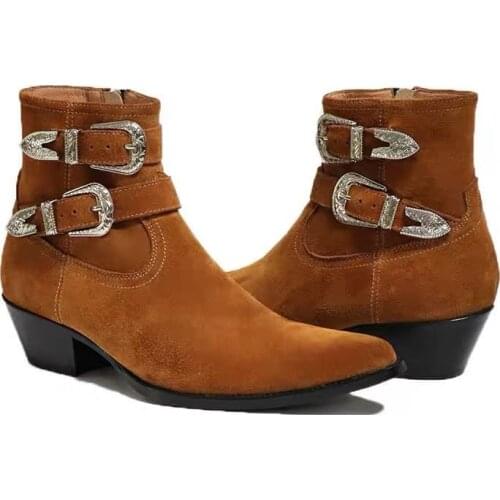 Metal Punk dual strap wedge luxury men genuine leather Boots 5cm heel customized handmade slim fit Chelsea Boots