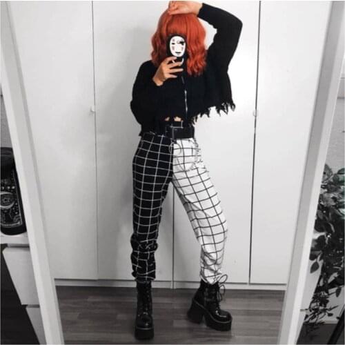 Black&White Plaid Patchwork Cargo Pants Women High Waist Loose Jogging Sport Casual Punk Style Cool Street Jogger Sweatpants