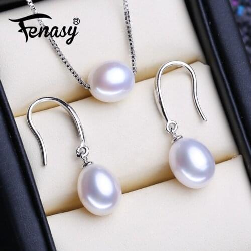 FENASY 925 Sterling Silver Jewelry Sets Natural Pearl Drop Earrings Custom Pendant Chain Choker Necklaces For Women