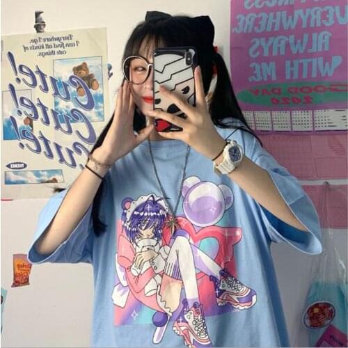 Japan Style Woman Tshirt Top Harajuku Print Short Sleeve Round Neck Summer Tops Cotton Spandex Woman T shirts