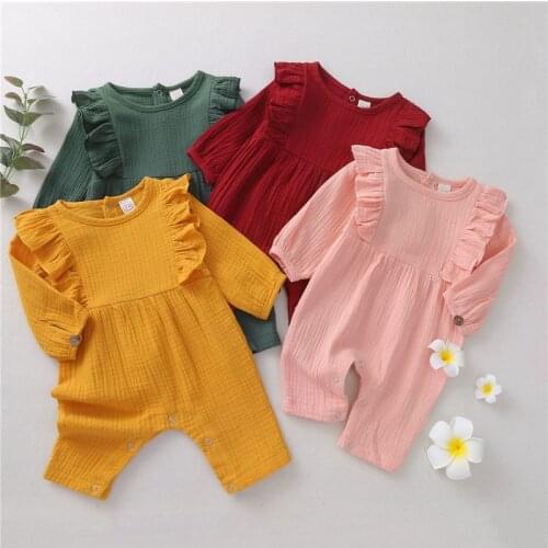 4 Colors Autumn Newborn Infant Baby Girls Cotton Linen Romper Solid Ruffles Long Sleeve Jumpsuits Overalls Long Pants Clothes