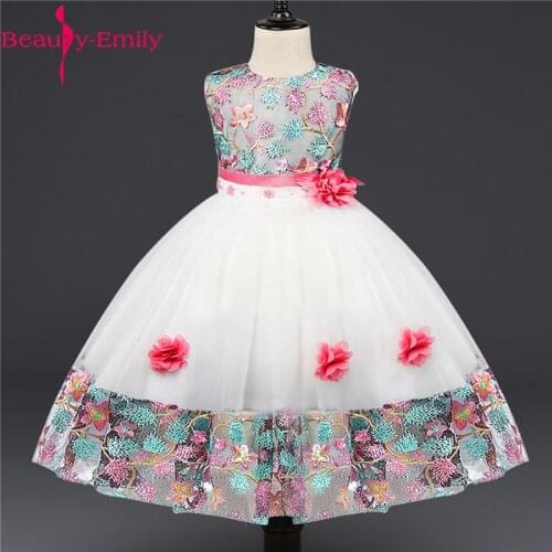 Beauty Emily Sweet O Neck Flower Girl Dresses for Weddings Fashion Floral Print Girls Ball Gown with Sashes 3 Colors Available