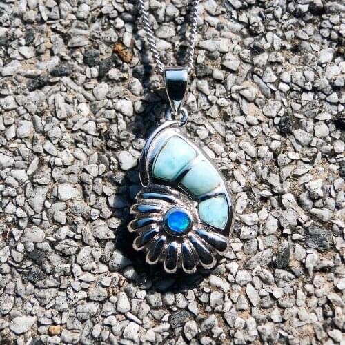 DJ CH Fine Jewelry 925 Sterling Silver Pendant,Snail Conch Shape Nature Larimar Gemstone Pendant for Woman,Blue Fire Opal Charm