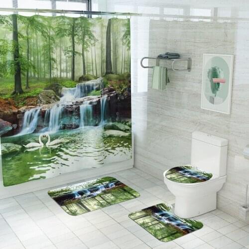 Green Scenic Printed Shower Carpet Set and Shower Curtain Non Slip Bathroom Rug Non Skid Bathroom Floor Mats Washable Machine