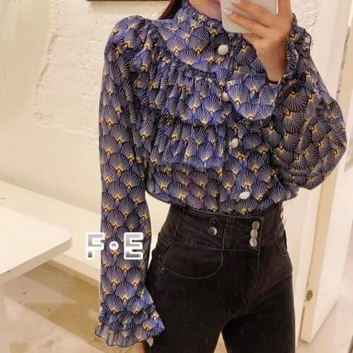 2021 Spring and Autumn New Korean Style Half Turtleneck Ruffled Floral Chiffon Shirt Loose Temperament Bell Sleeve Shirt Top