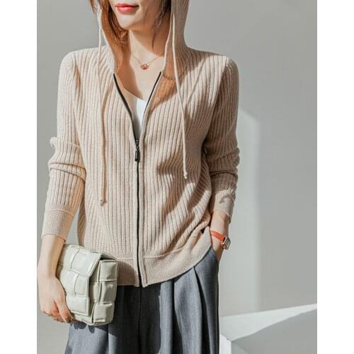 2021 New Arrival Fashion Women Cardigans Zipper and With Hat Jumpers 100% Merino Wool Knitted Sweaters Famale 4Colors Knitwear