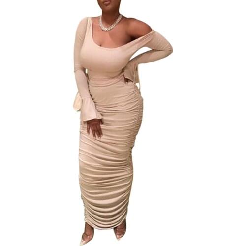 S-XXL Womens Sexy Halter Long Sleeve Flare Sleeve Lace Short Top Pleated Long Skirt Two Piece Set