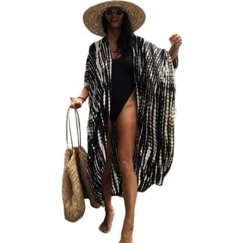 HZYEYO Cotton Black Retro Striped Batwing Sleeve Self Belted Plus Size Long Kimono Dress Tunic Women Summer Beach Clothing