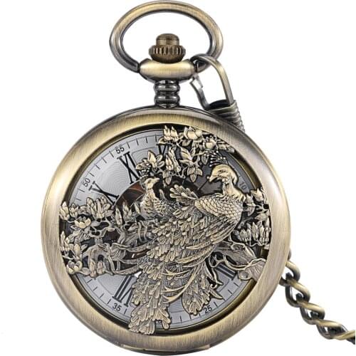 Hollow Phoenix Design Manual Mechanical Bronze Pocket Watch Female Numerals White Dial Portable Chain Pendant Clock Mens Gifts