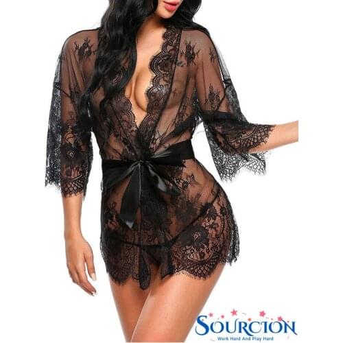 Sourcion Sexy Lingerie Transparent V-Neck Nightwear Porno Sexy Women Lace Babydoll Erotic Sleepwear Robe G-string Sex Costume