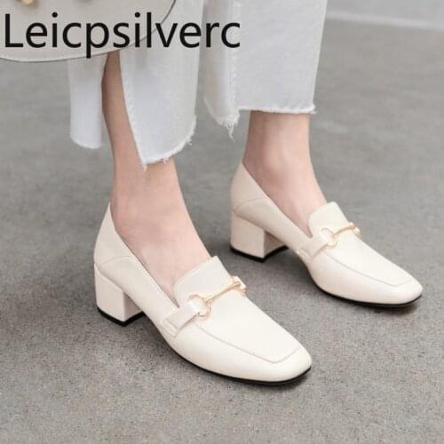 Pumps Spring and autumn The New Square head Shallow mouth Metal Decoration Thick heel mid heel Womens shoes plus size 31-43