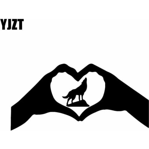 YJZT 16.8X8.2CM Intereting Vinyl Decal Hands Heart Dog Car Sticker Wolf Dog Animal Black/Silver C24-1397