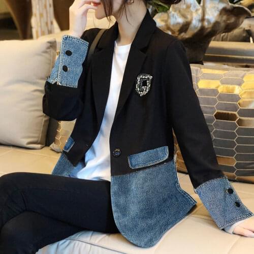 Denim Stitching Suit Jacket Women Streetwear 2021 Autumn New Korean Plus size 4XL Jeans Jackets Single button Female Slim Coat
