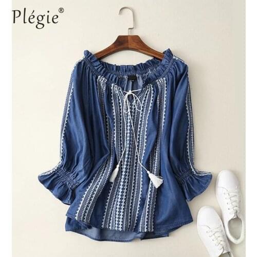 Plegie Embroidery Denim Shirt Women Floral Vintage Jeans Blouses Casual Fashion Female Autumn Top Vintage Long Sleeve Blusas