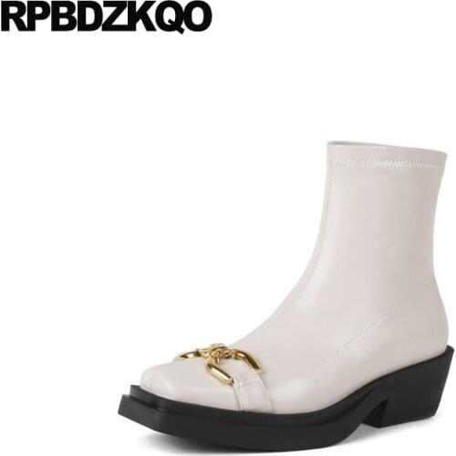 Chunky Waterproof Shoes Metal Handmade Big Brand Stretch Brown Block Slip On Women Ankle Boots Medium Heel Square Toe Beige High