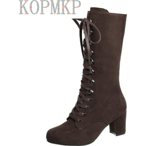 2020 Women Fashion Platform Boots Mid-Calf Boots Slip on Solid Low Heels Ladies Casual Warm Shoes Winter Plus Botas De Mujer 43