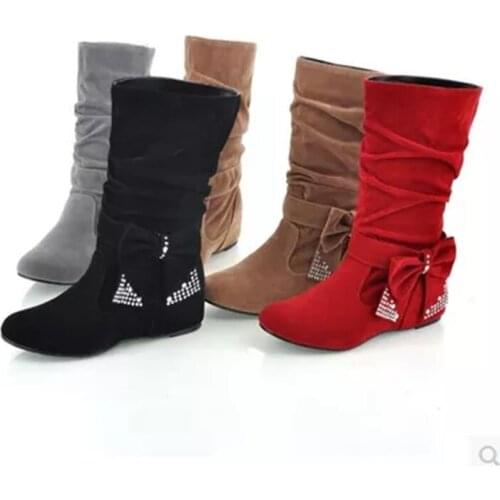 Womens Bow Diamond Flock High Increasing Boots True Size 11 12 Mid-Calf Wedges Low Heels Booties Ladies Shoes Round Toe Botas