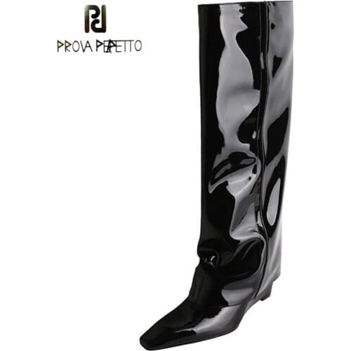 High Boots Womens Wedge Heel Pointed Patent Leather Stitching Side Zipper 2021 New Fashion Pants Boots Wrinkled But Knee Boots