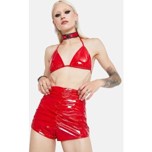 Women Metallic Tie Halter Bar Top 2 Piece Sets Faux Leather High Waist Shorts Suit Summer Beach Party Cami Shorts Sets Bikini