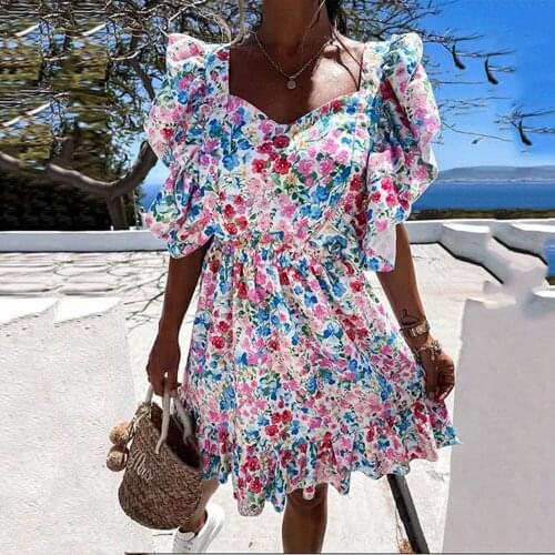 For Womens Autumn Dresses Fashion V-neck Printed Lotus Leaf Sleeve Sexy Backless Lace Up Elastic Waist Ruffle Women Dress 2021