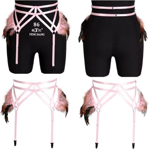 Feather Pink Harness Women Bondage Sexy Lingerie Set Stocking Belt Suspender Goth Costumes Bdsm Leg Wedding Garters Bandelettes