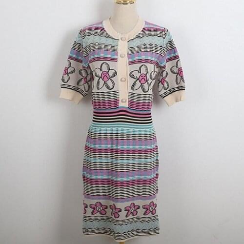 Smiley flower jacquard ice silk knitted dress women 2021 summer new retro wave striped thin short-sleeved dress