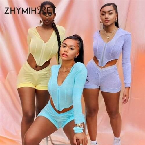 ZHYMIHRET Casual Hoodies Jacket And Biker Shorts Two Pieces Set Women 2020 Summer 2 Piece Set Jogging Tracksuit