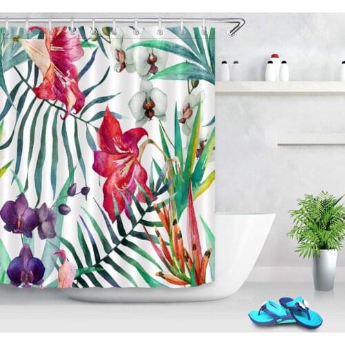 Leaves Decoration Shower Curtain Polyester Fabric Mildew Resistant Waterproof White Red Purple Flowers Bathroom Bath Curtains