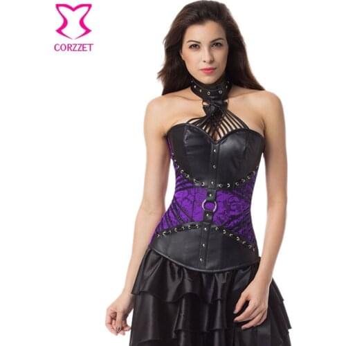 Purple Brocade and Black Leather Strappy Halter Top Bustier Sexy Steampunk Corset Gothic Clothing Plus Size Corsets and Bustiers