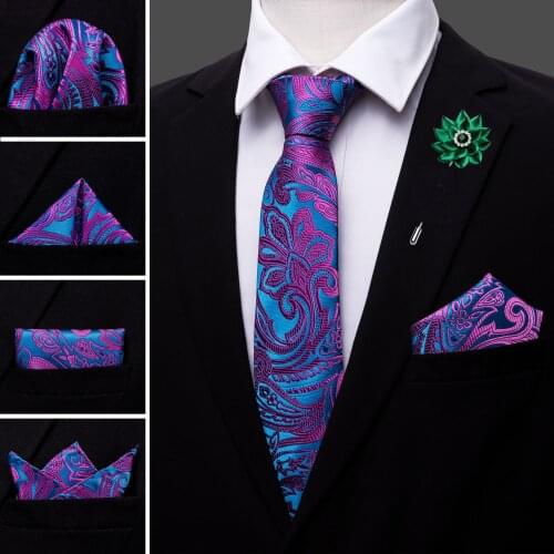 Blue Floral Men Silk Wedding Tie Brooch Handkerchief Cufflinks Set Geometric Neck Tie For Men Gift Party Business Barry.Wang