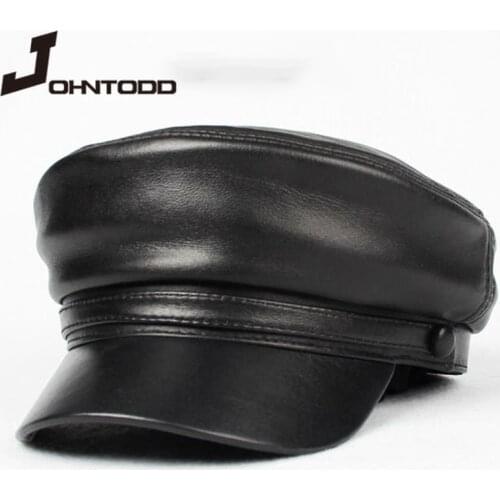 Cool unisex pu leather military hat autumn sailor hat for women men cap black female travel student hat captain army flat top