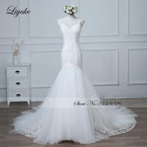 Liyuke Fabulous Pearls Mermaid Wedding Dress Court Train Backless Beading Elegant Spaghetti Straps Bridal Dresses